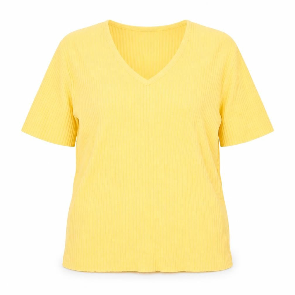 PAON Women’s Yellow L Ribbed V-Neck Short Sleeve Knit Top