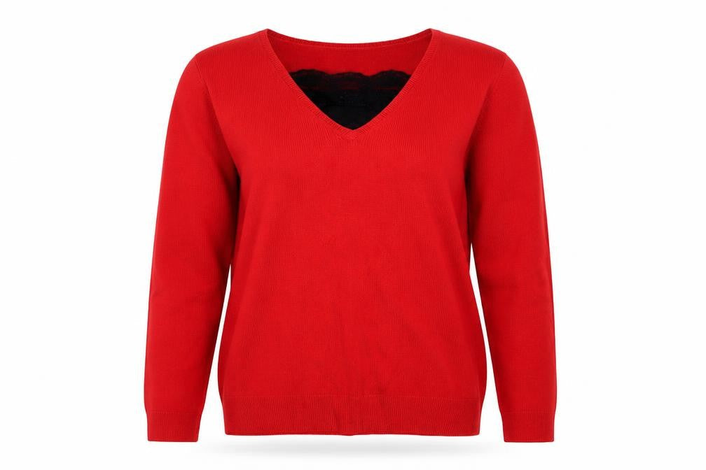 BHS Women’s Red Size 14 V-Neck Lace Detail Long Sleeve Jumper