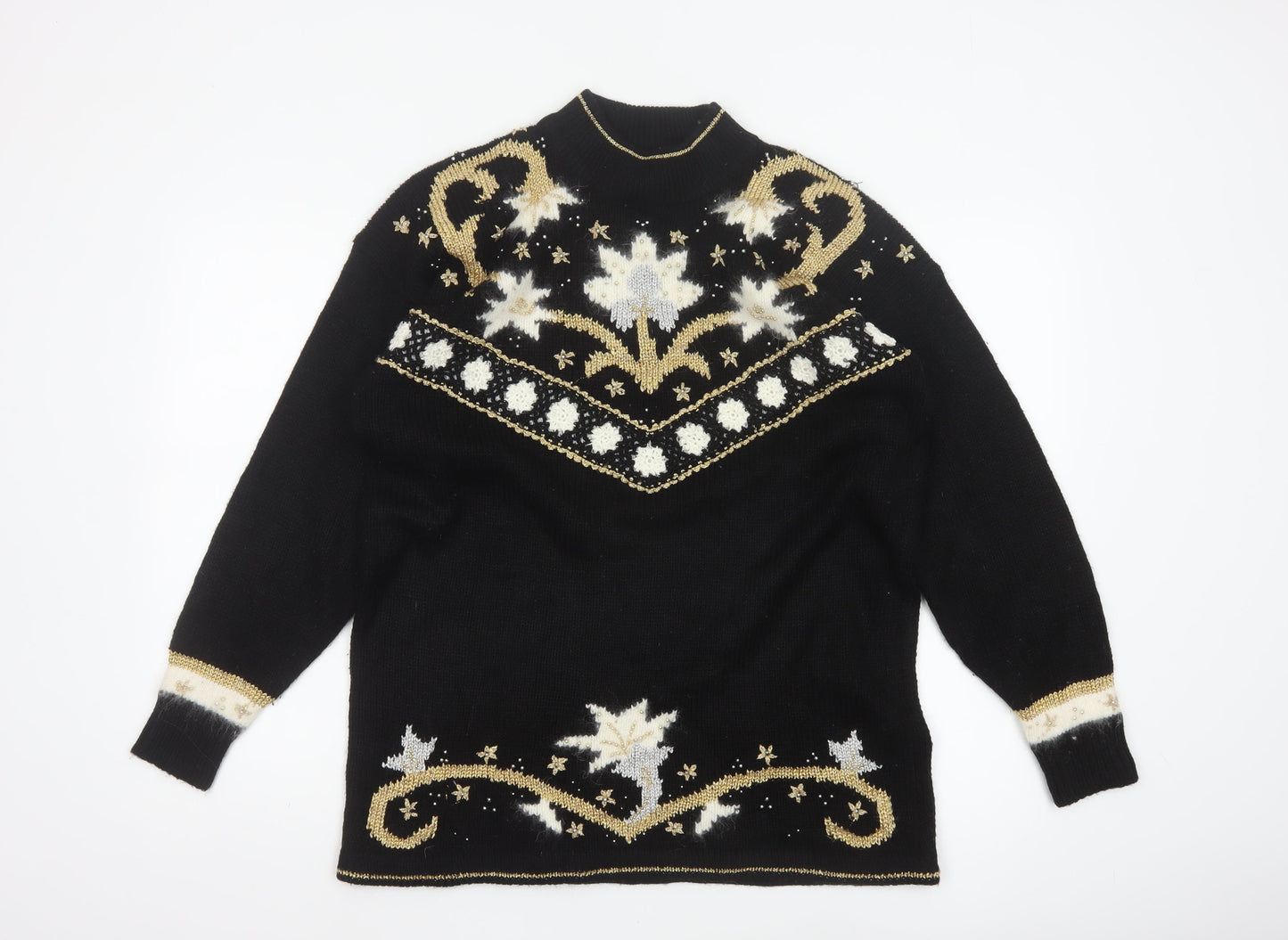 Dama Scott Women’s Black L Christmas Reindeer Beaded Mock Neck Pullover