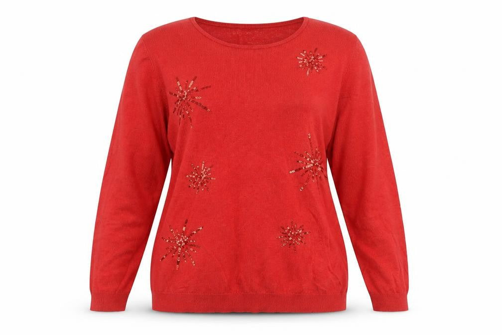 Damart Women Red UK 20 Sequin Starburst Round Neck Knit Jumper