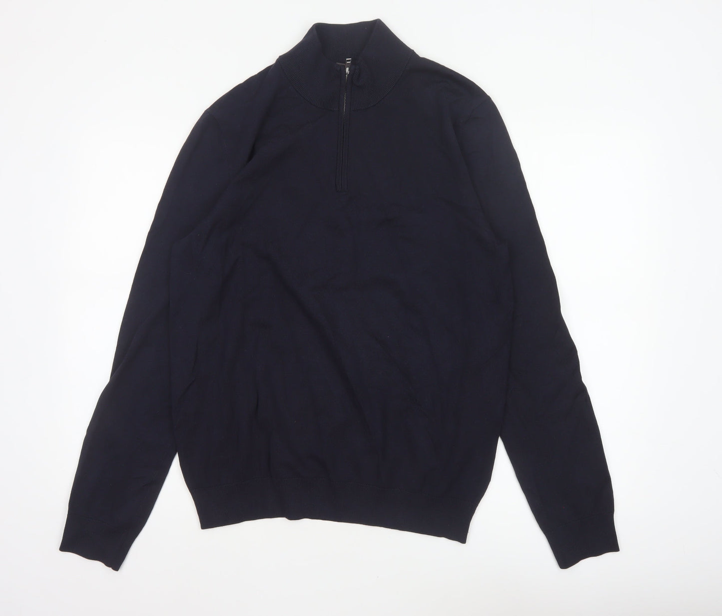 H&M Unisex Blue M Regular Fit 1/4 Zip High Neck Viscose Jumper