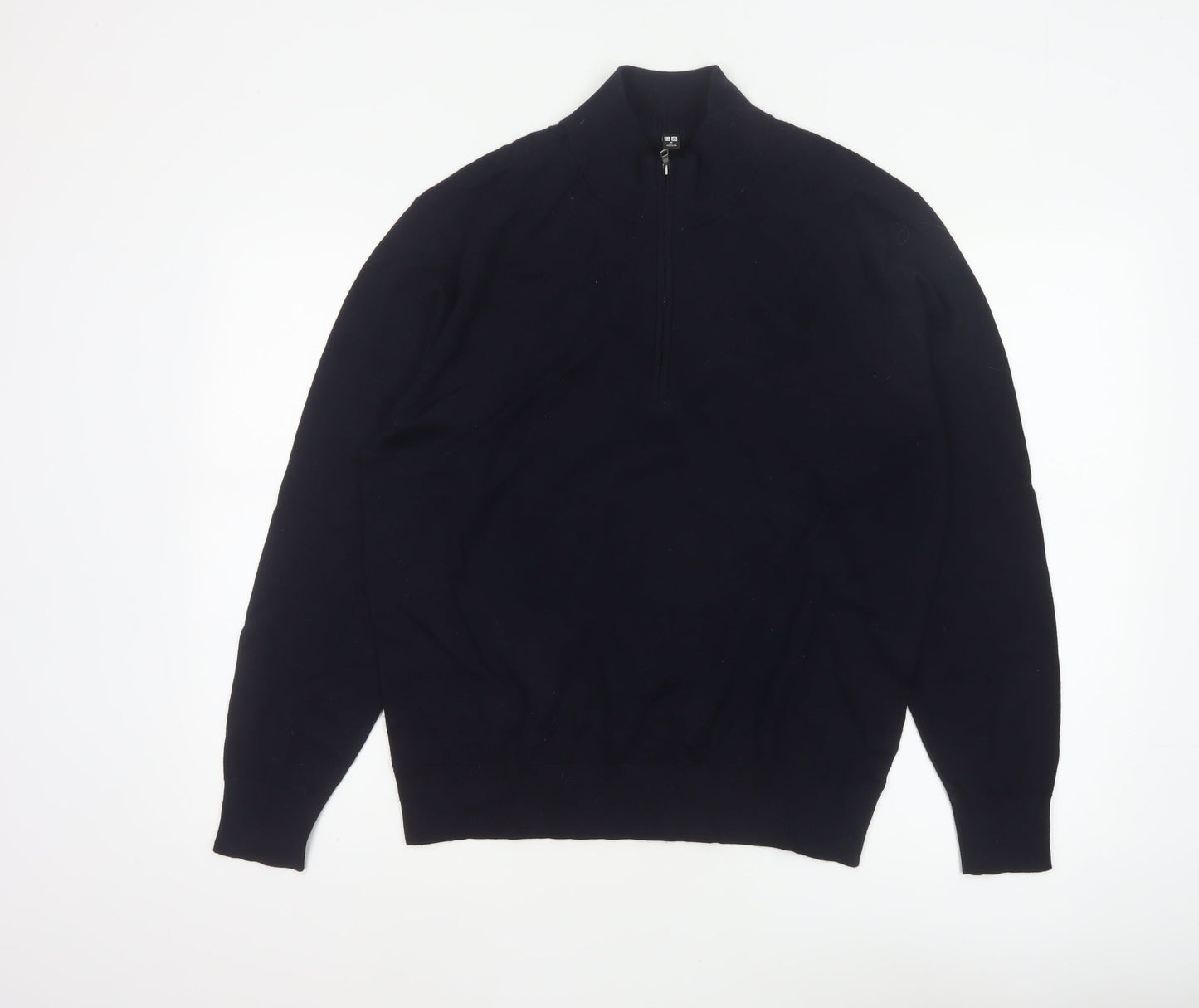 Uniqlo Men Black M 100% Wool 1/4 Zip High Neck Knit Jumper