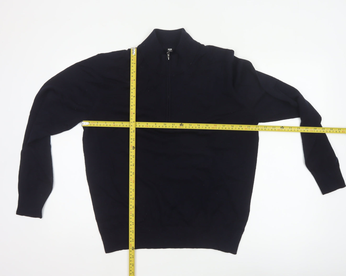 Uniqlo Men Black M 100% Wool 1/4 Zip High Neck Knit Jumper
