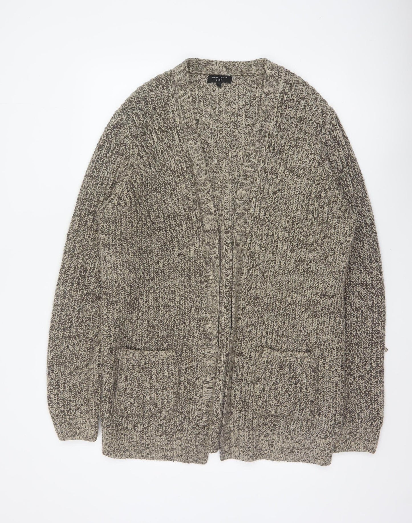 New Look Men Beige Size L Open Chunky Knit Cardigan Pockets
