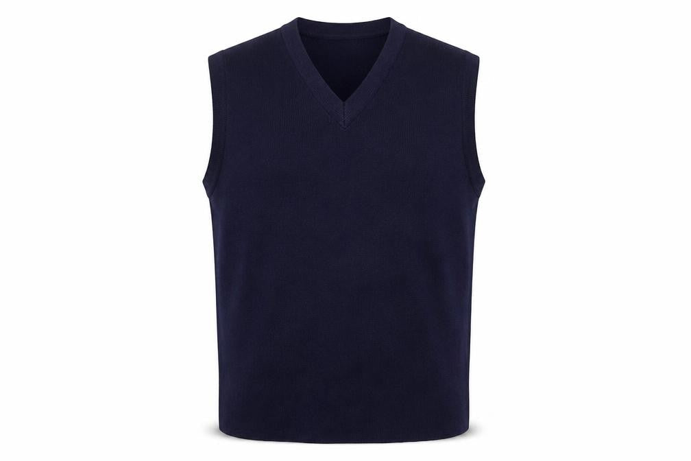 Front view of Custom Quality Men's Blue XL V-Neck Knit Pullover Sweater Vest