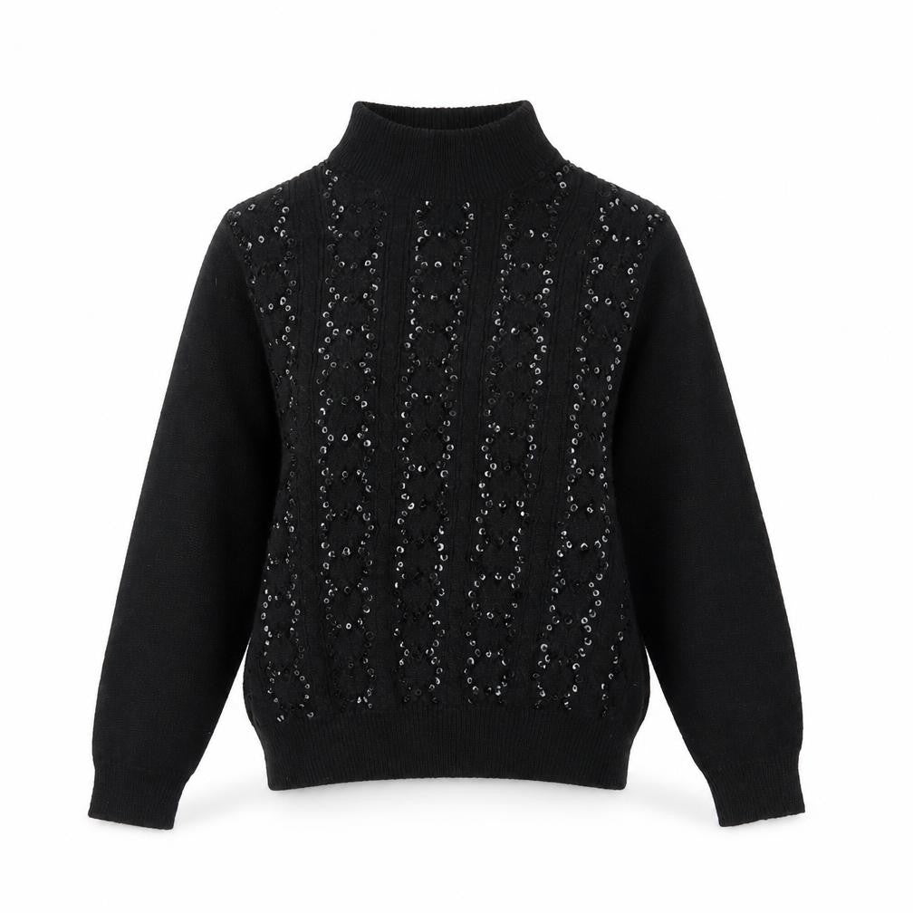 Alfred Dunner Women’s Black S Sequin Mock Neck Knit Pullover Jumper
