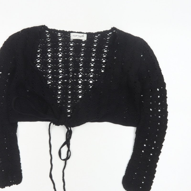 Topshop Women Black Size 12 Crochet Tie Front Shrug Cardigan