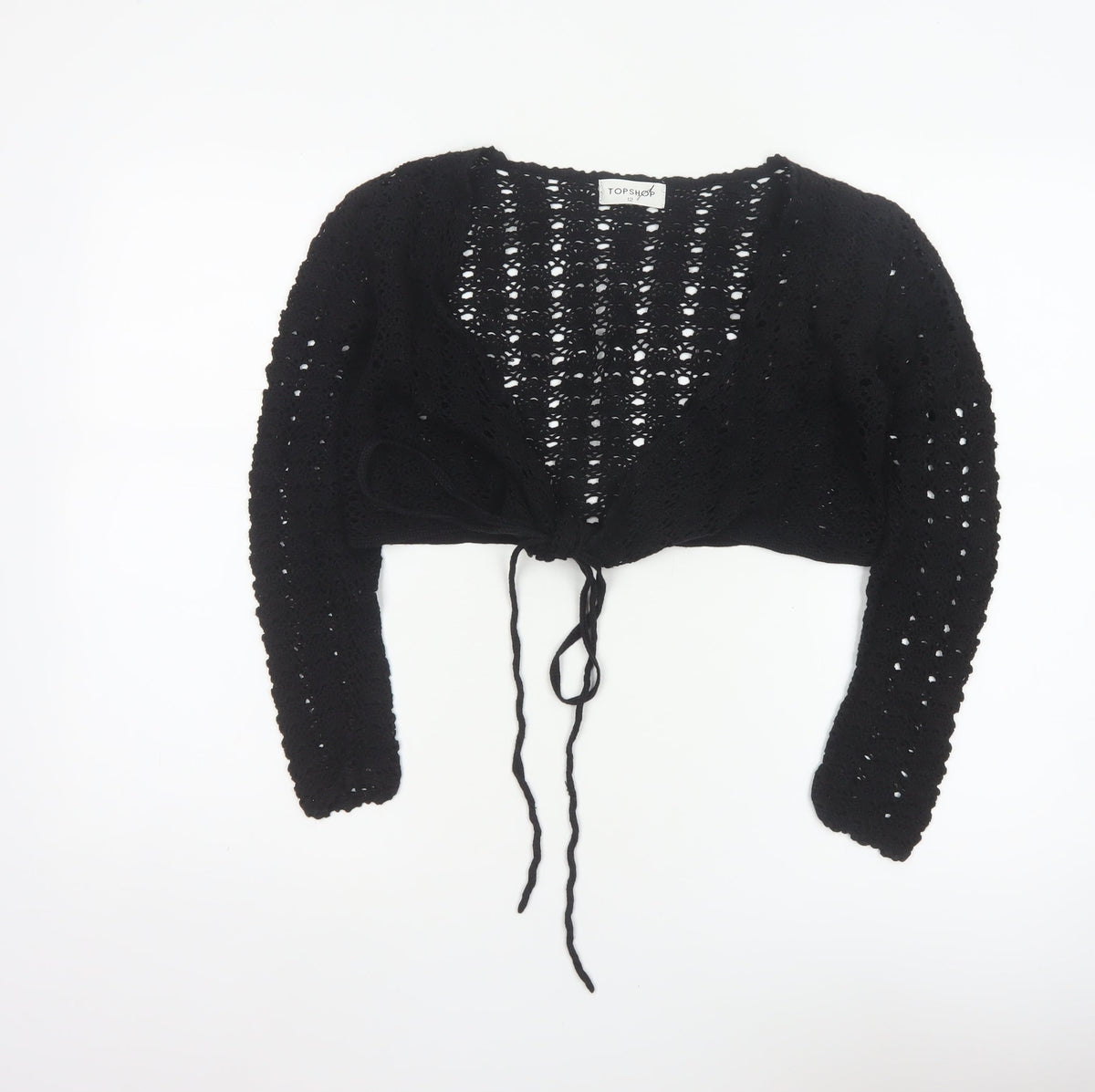 Topshop Women Black Size 12 Crochet Tie Front Shrug Cardigan