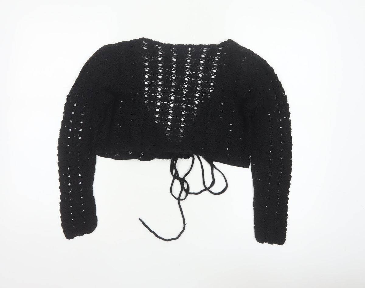 Topshop Women Black Size 12 Crochet Tie Front Shrug Cardigan
