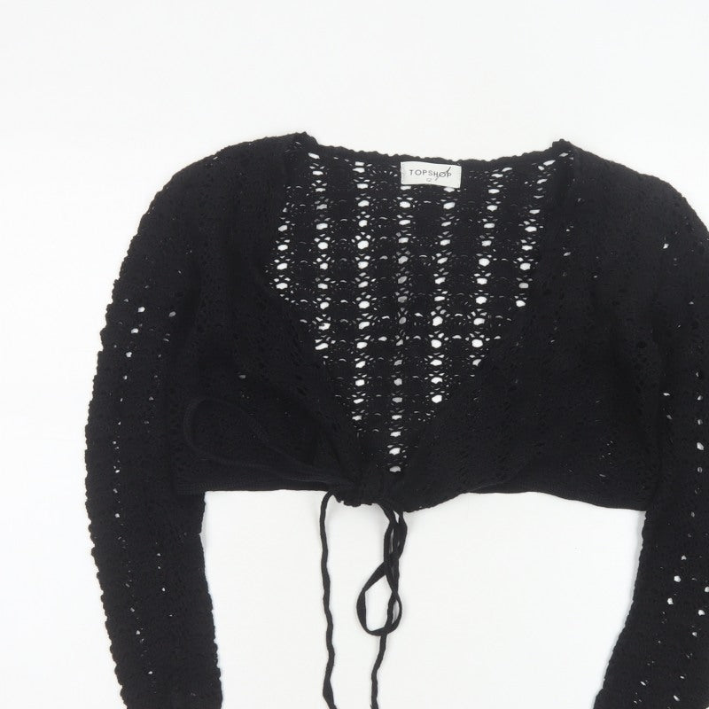 Topshop Women Black Size 12 Crochet Tie Front Shrug Cardigan