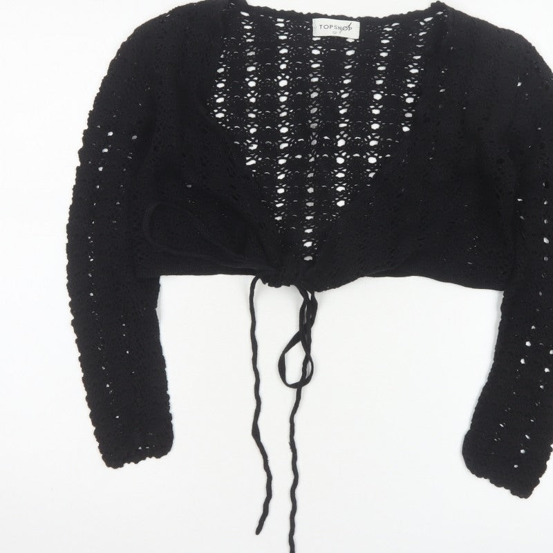 Topshop Women Black Size 12 Crochet Tie Front Shrug Cardigan