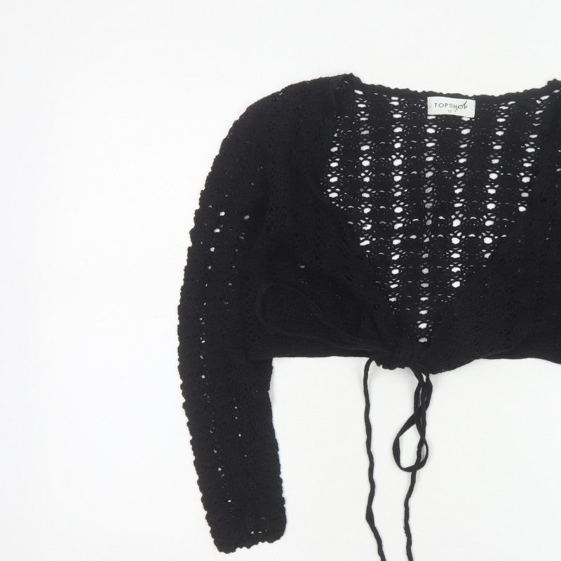 Topshop Women Black Size 12 Crochet Tie Front Shrug Cardigan
