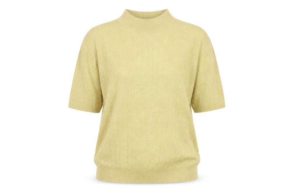 Saco Harbor Women Gold Metallic Rib Knit Mock Neck Short Sleeve Jumper S