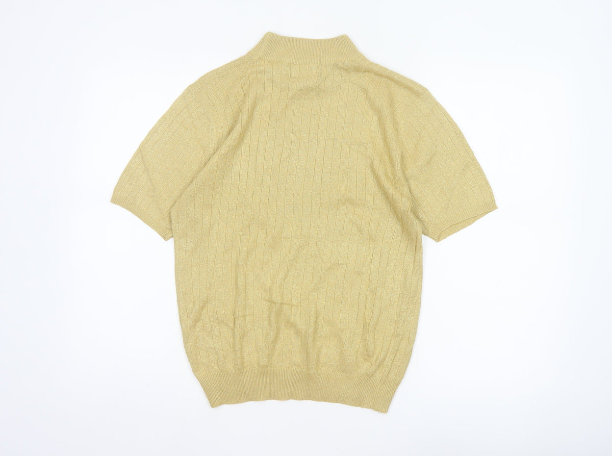 Saco Harbor Women Gold Metallic Rib Knit Mock Neck Short Sleeve Jumper S
