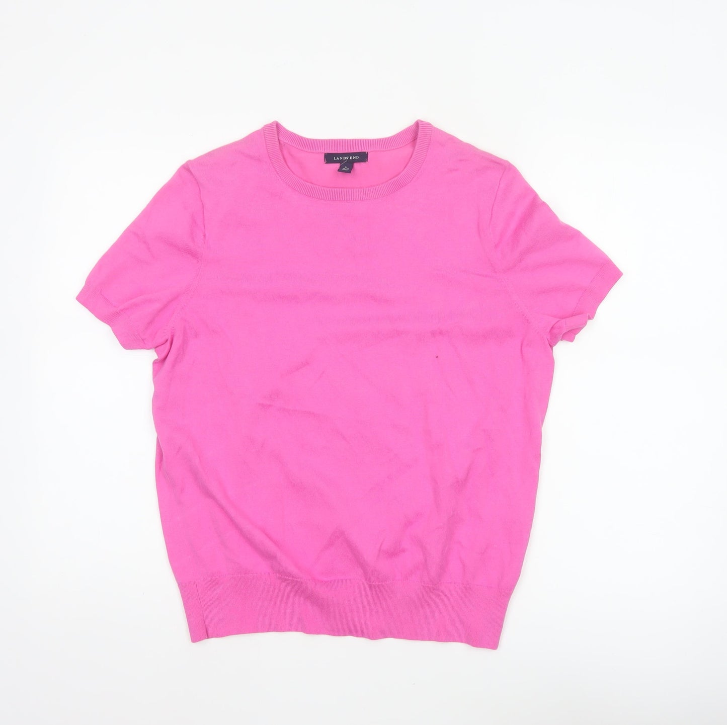 Lands' End Women Pink UK 14 Short Sleeve Crew Neck Knit Jumper