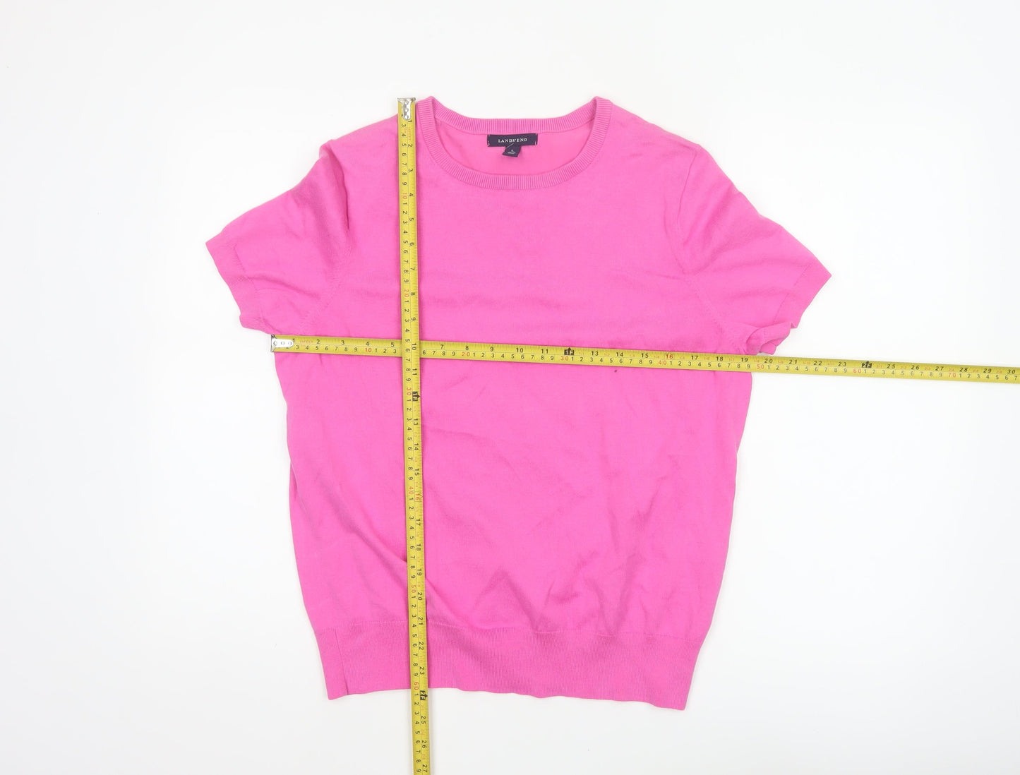 Lands' End Women Pink UK 14 Short Sleeve Crew Neck Knit Jumper