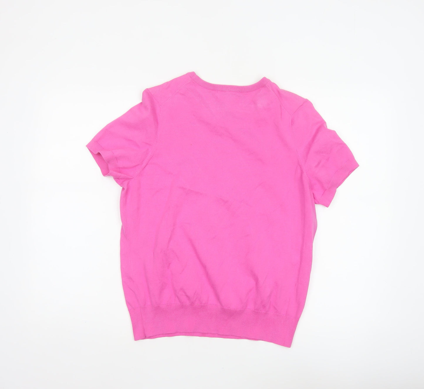 Lands' End Women Pink UK 14 Short Sleeve Crew Neck Knit Jumper