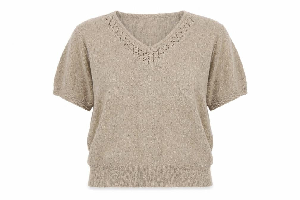 Alia Women’s Beige Petite M Open Knit V-Neck Short Sleeve Jumper