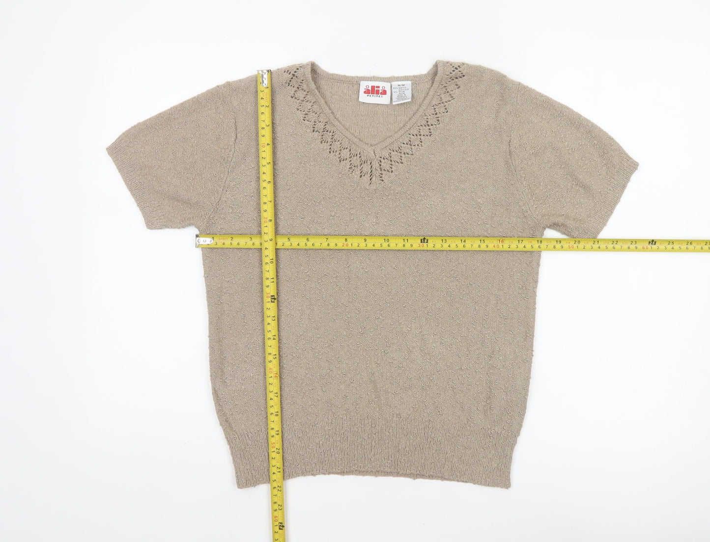 Alia Women’s Beige Petite M Open Knit V-Neck Short Sleeve Jumper