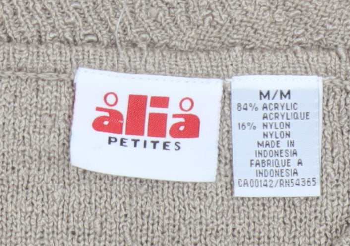 Alia Women’s Beige Petite M Open Knit V-Neck Short Sleeve Jumper