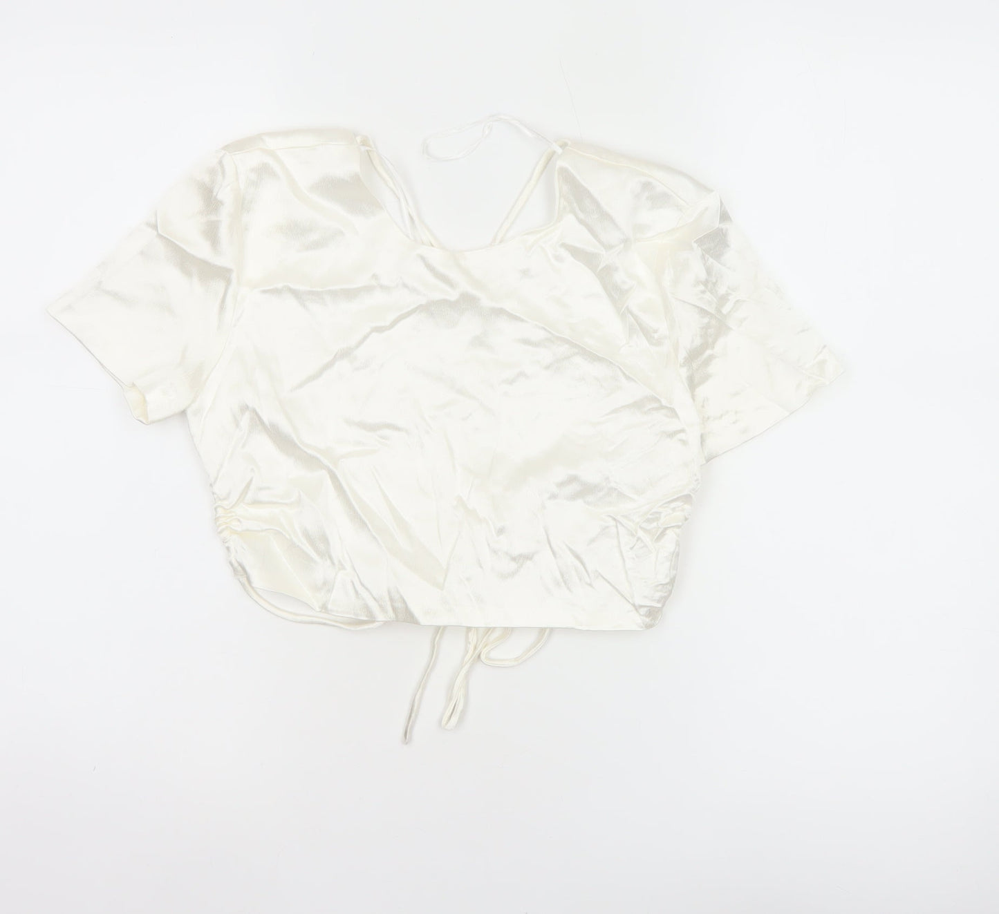 Zara Women Ivory M Satin Cropped Tie Back Puff Sleeve Blouse