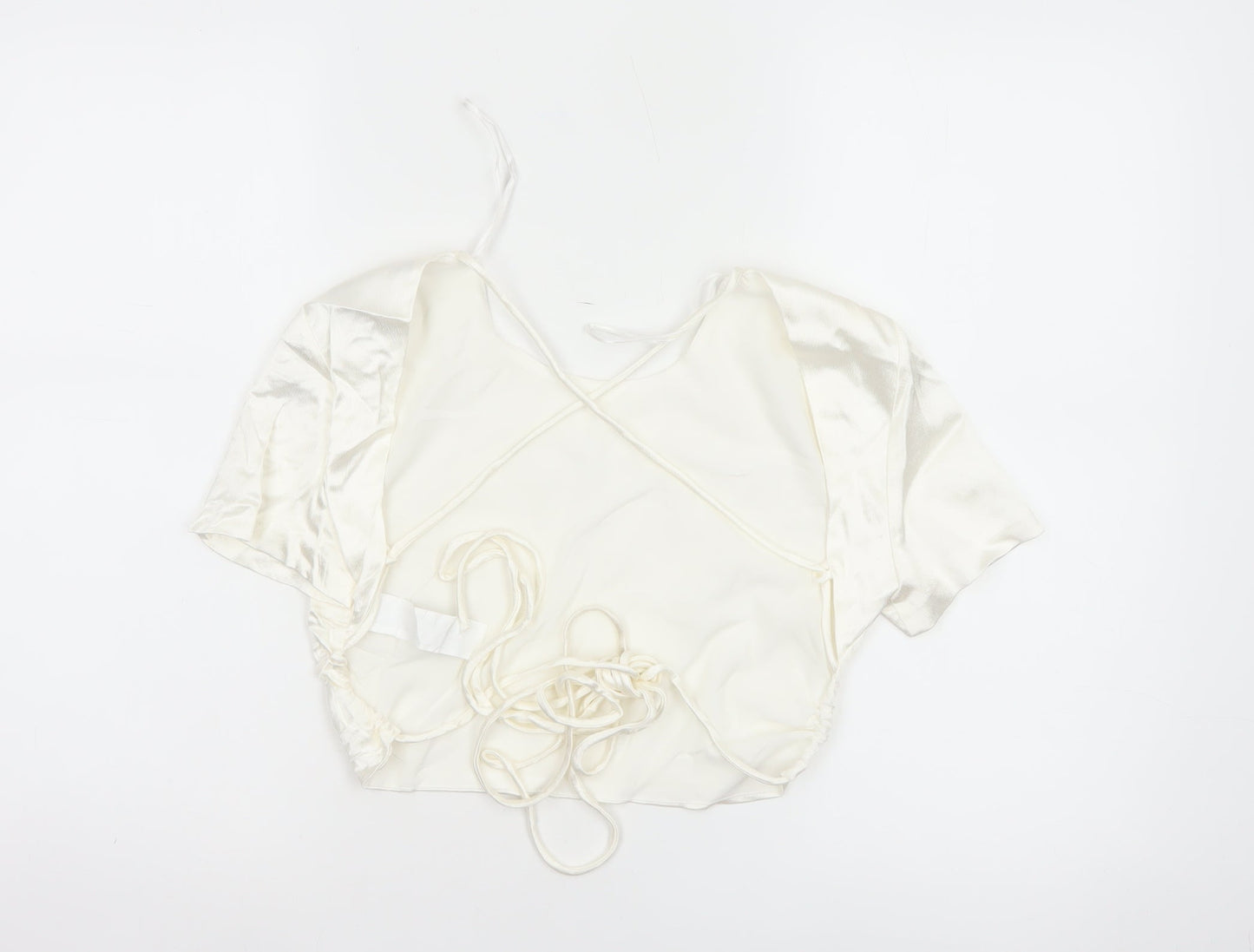 Zara Women Ivory M Satin Cropped Tie Back Puff Sleeve Blouse