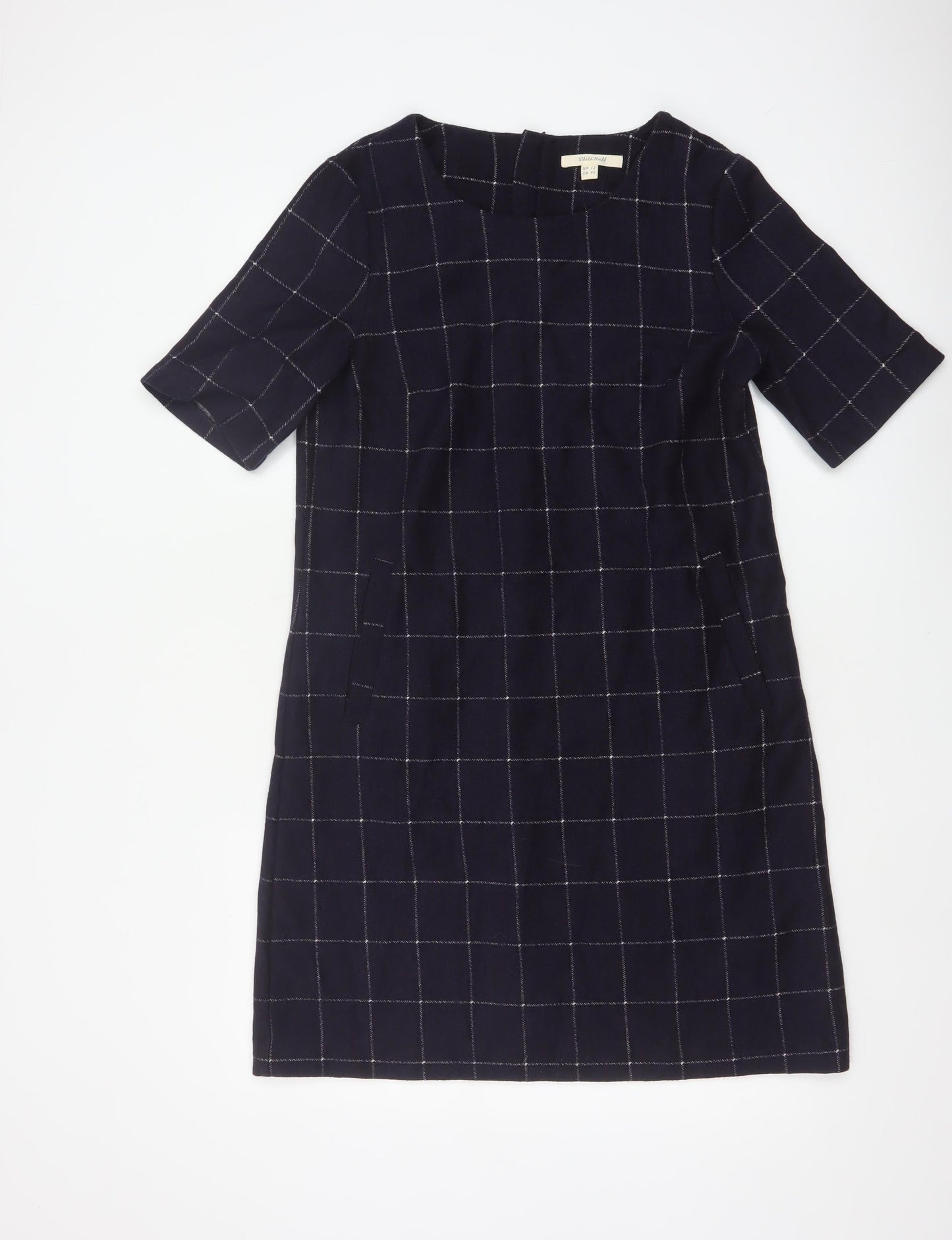 White Stuff Women’s Navy Check Shift Dress UK 12 Wool Blend Bell Sleeve
