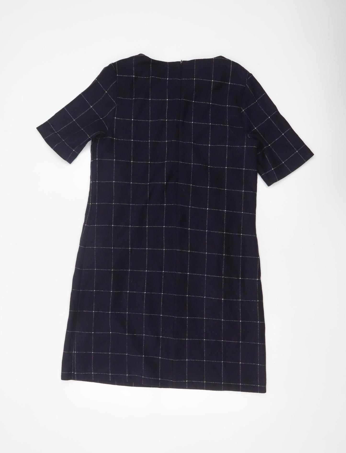 White Stuff Women’s Navy Check Shift Dress UK 12 Wool Blend Bell Sleeve