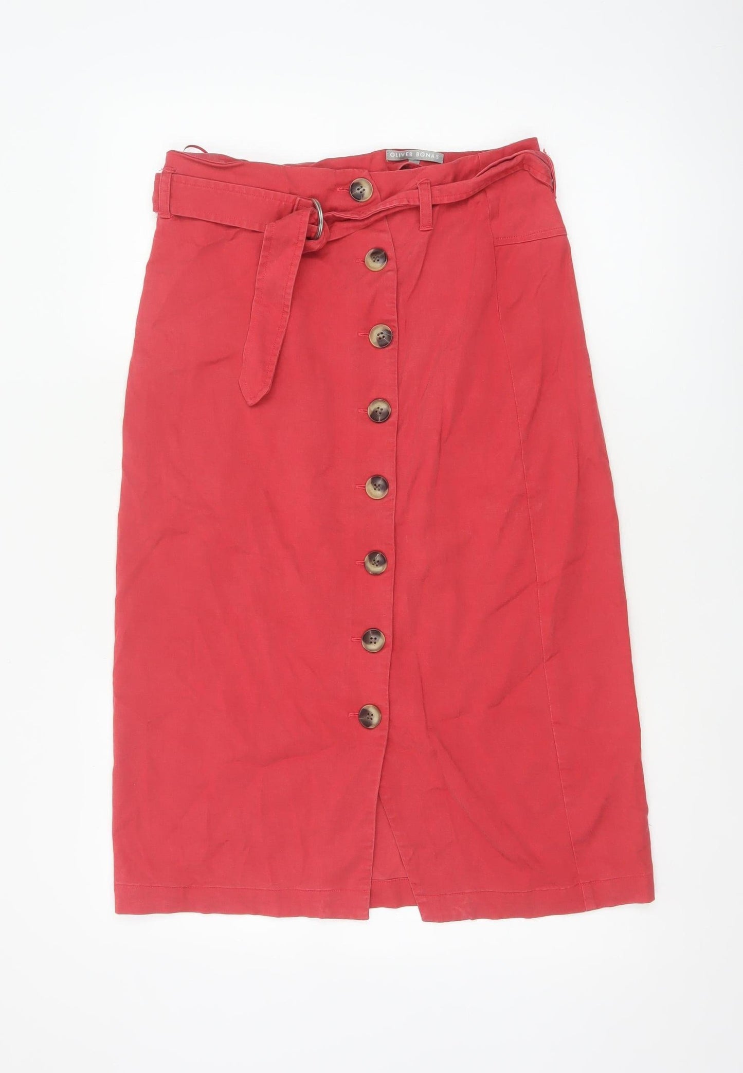Oliver Bonas Women Red Size 10 Midi Pencil Skirt Belted Button Front