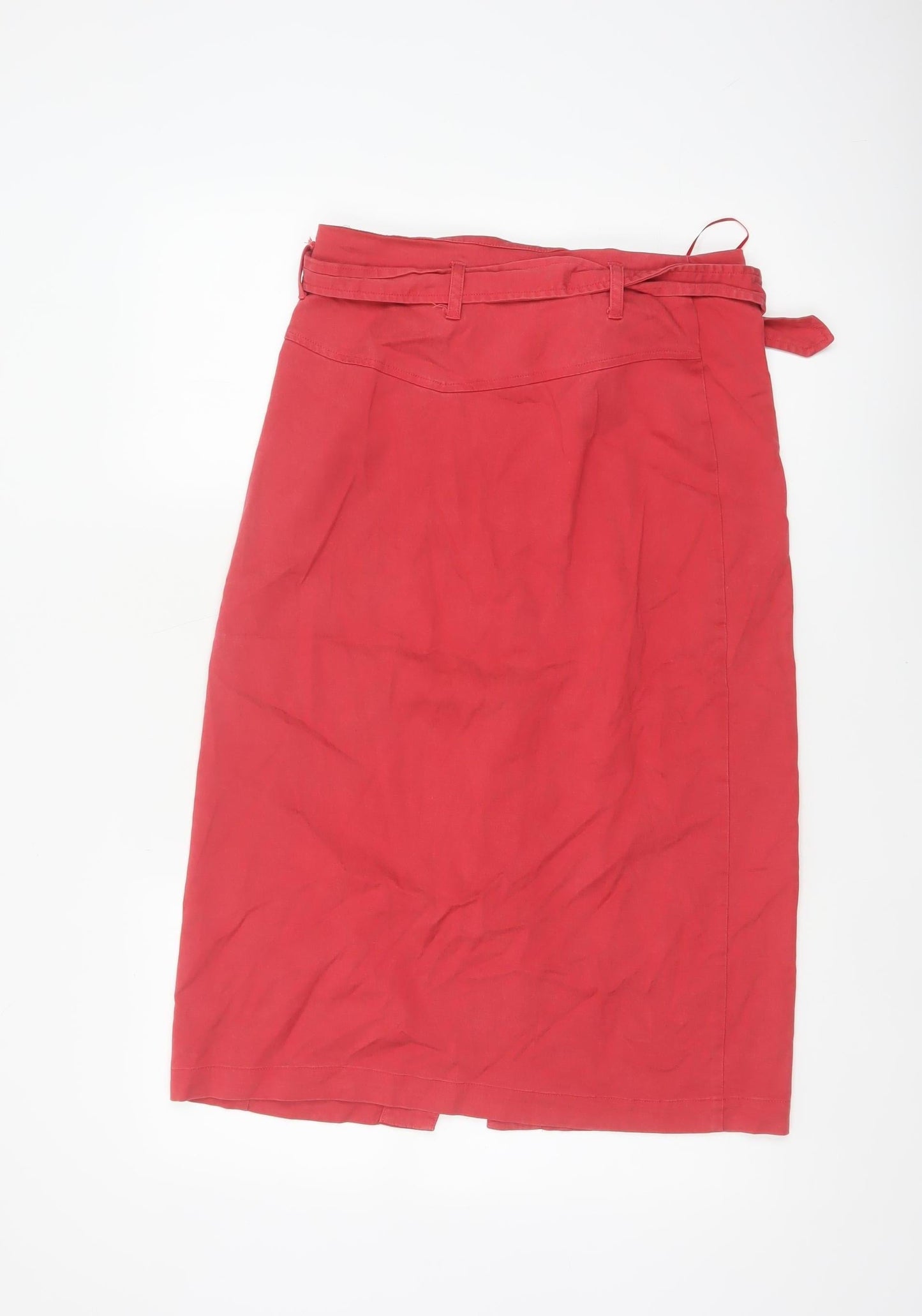 Oliver Bonas Women Red Size 10 Midi Pencil Skirt Belted Button Front