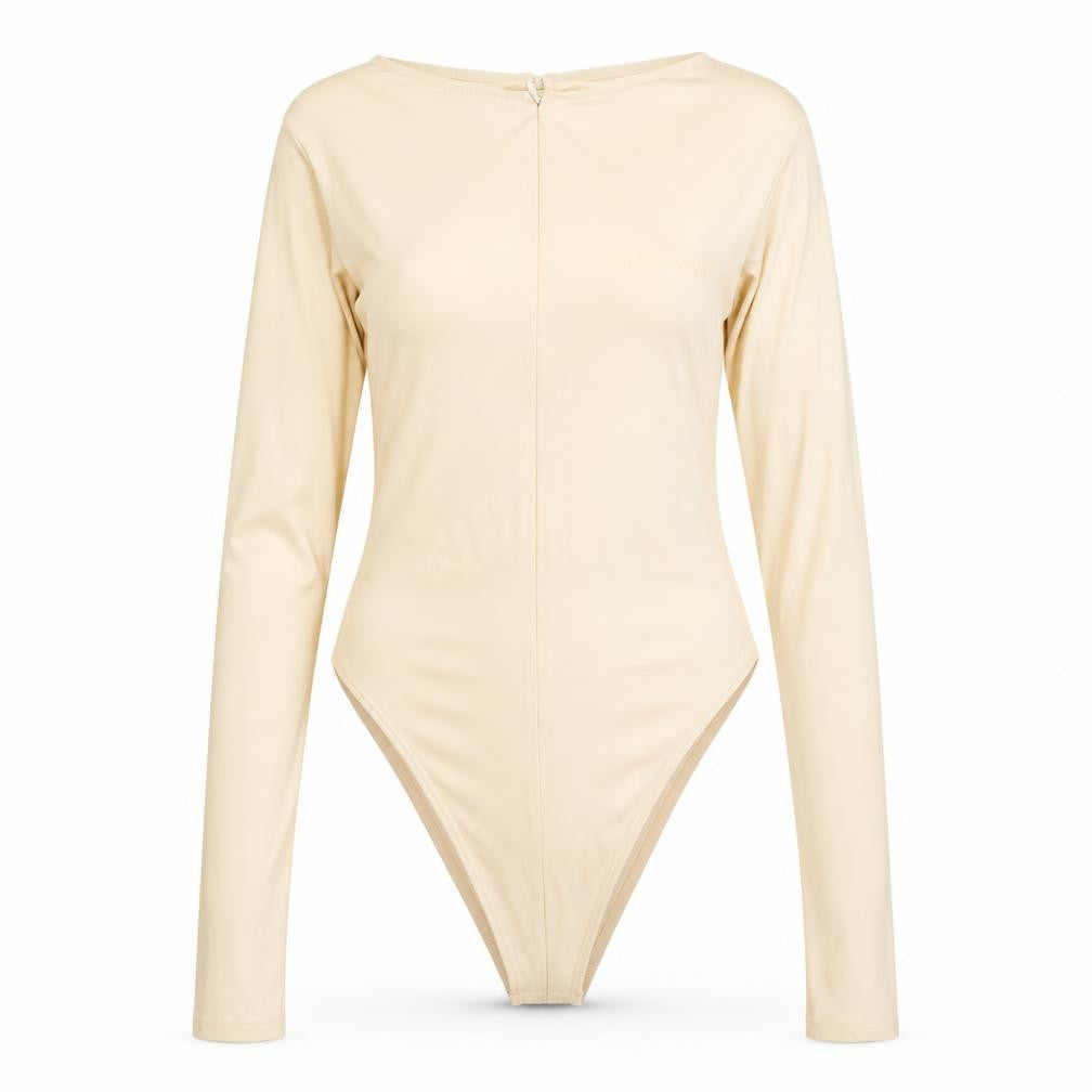 Sian Marie Women Ivory M Long Sleeve Stretch Zip Bodysuit