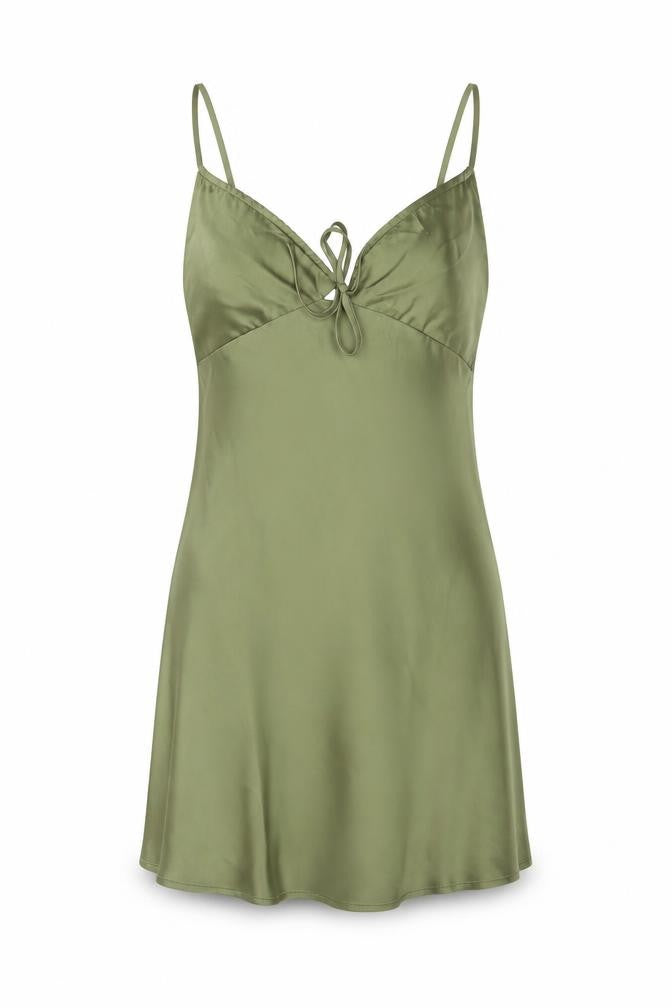 Bershka Women Green XS Satin-Look Slip Mini Dress Adjustable Straps