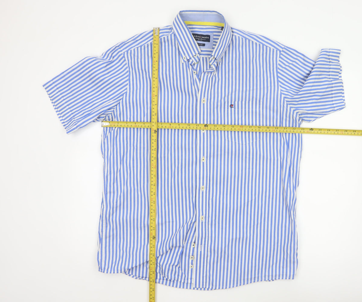 Close-up detail of Casa Moda Men’s Blue White Stripe Button-Down Shirt L Easy Care