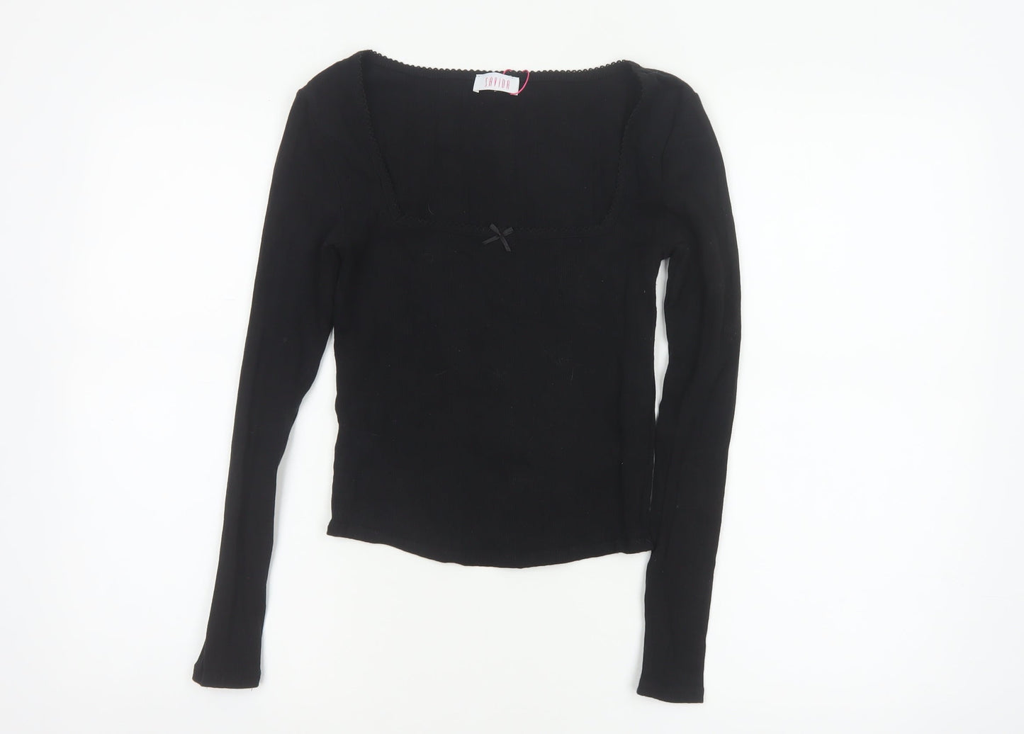 Savida Women Black XS Square Neck Bow Long Sleeve Cropped Stretch Top
