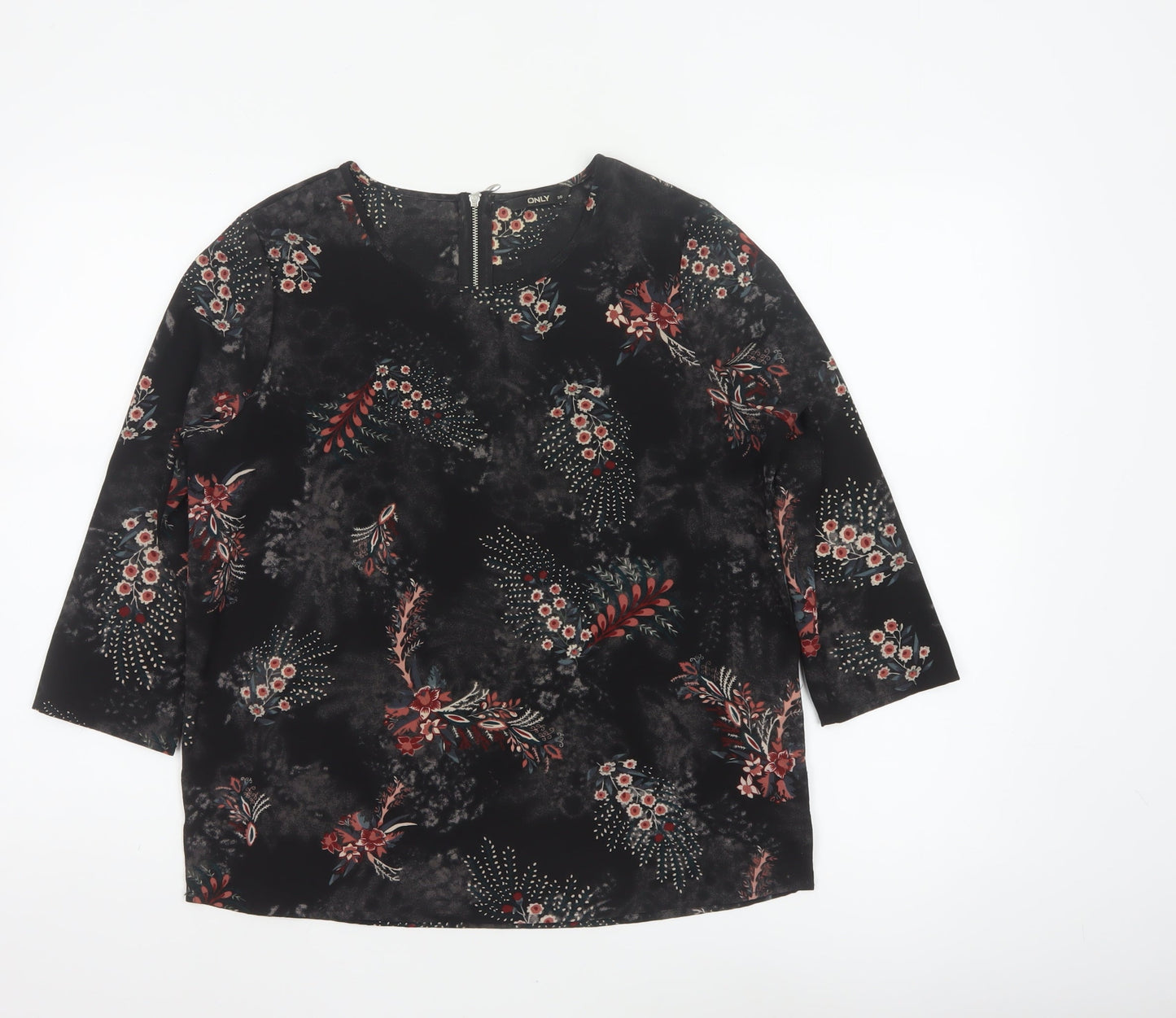 ONLY Women Black Floral UK 8 3/4 Sleeve Zip Back Blouse