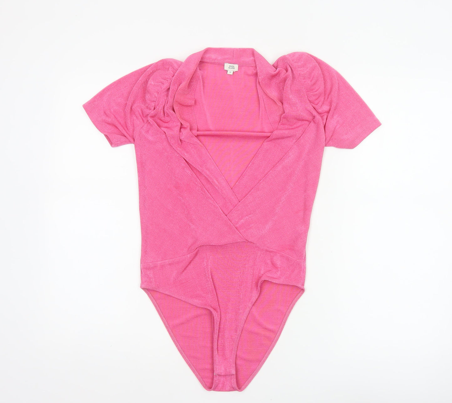 River Island Women Pink Size 10 Ruffle Puff Sleeve V-Neck Bodysuit