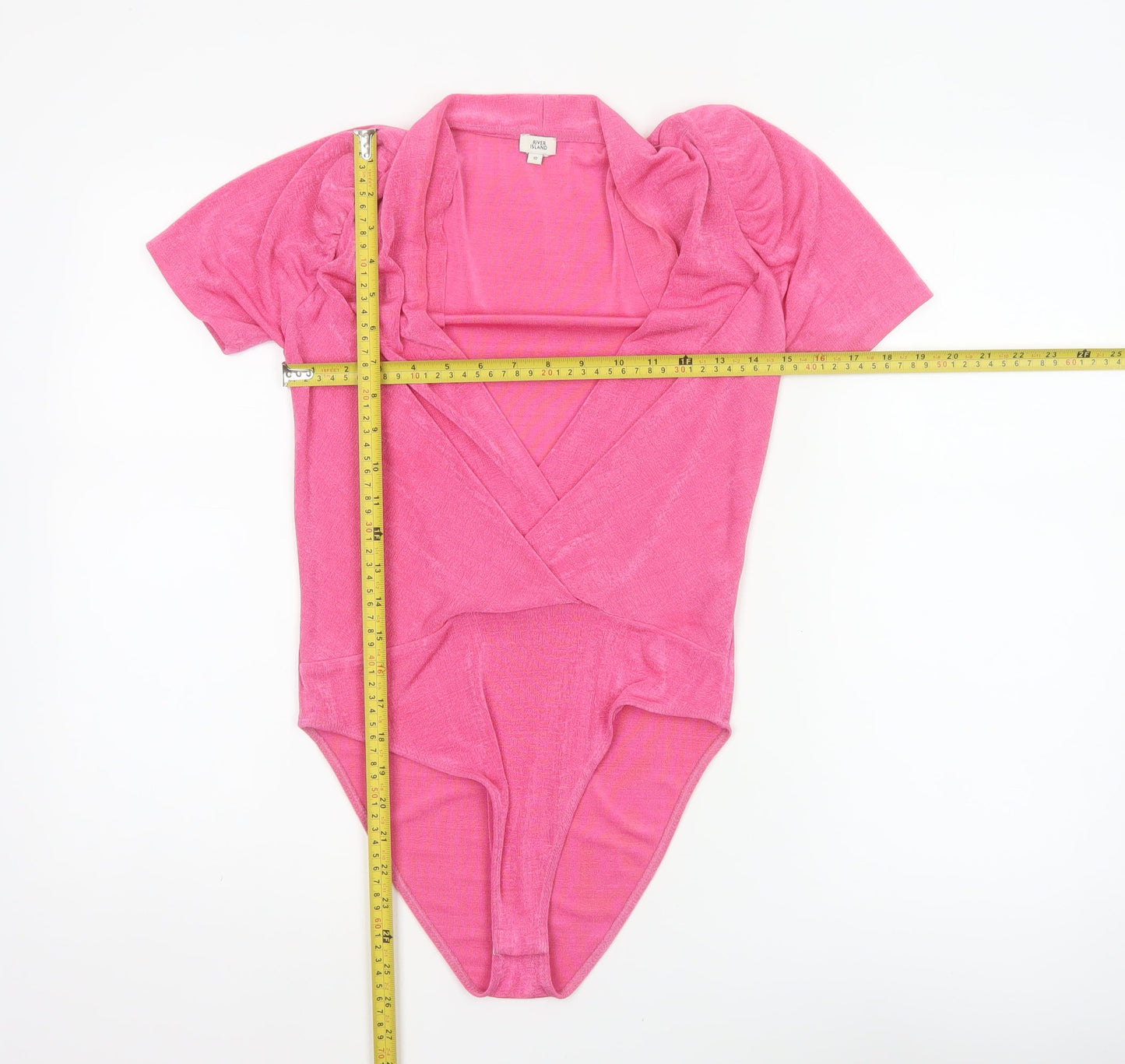 River Island Women Pink Size 10 Ruffle Puff Sleeve V-Neck Bodysuit