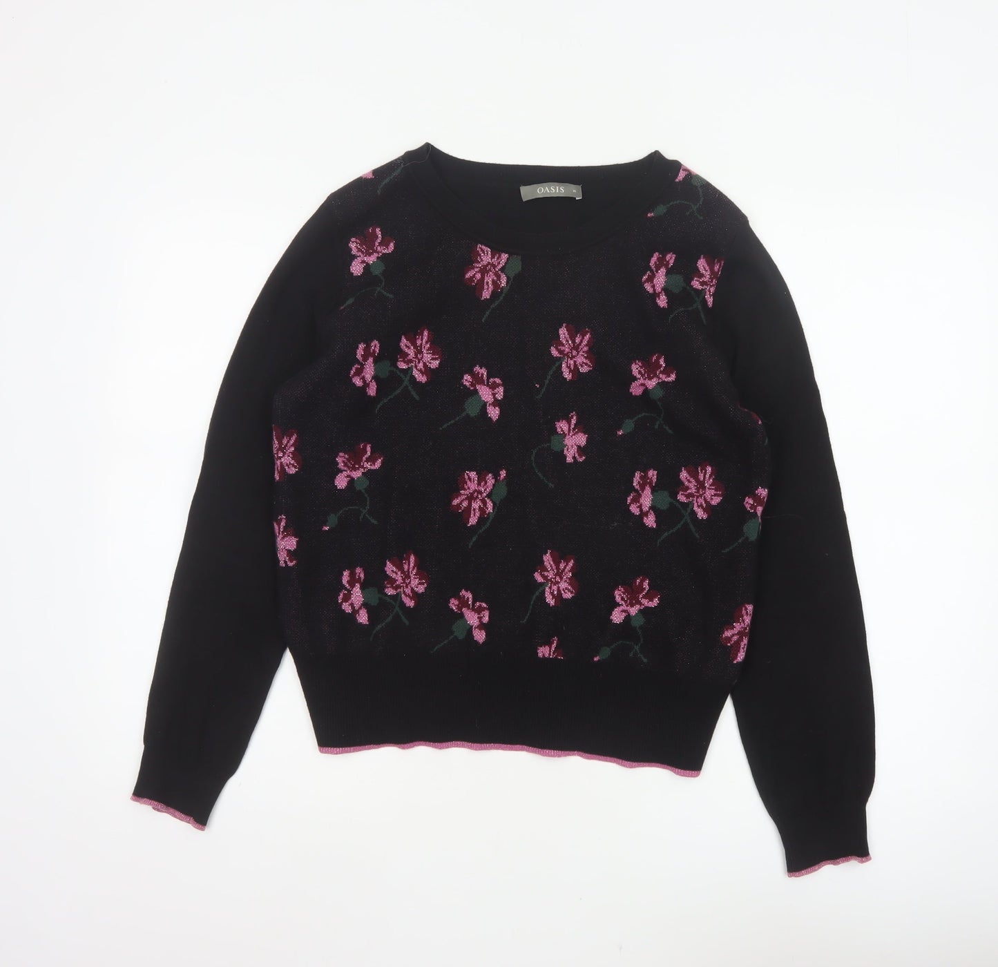 Oasis Women Black M Floral Metallic Knit Crew Neck Pullover Jumper