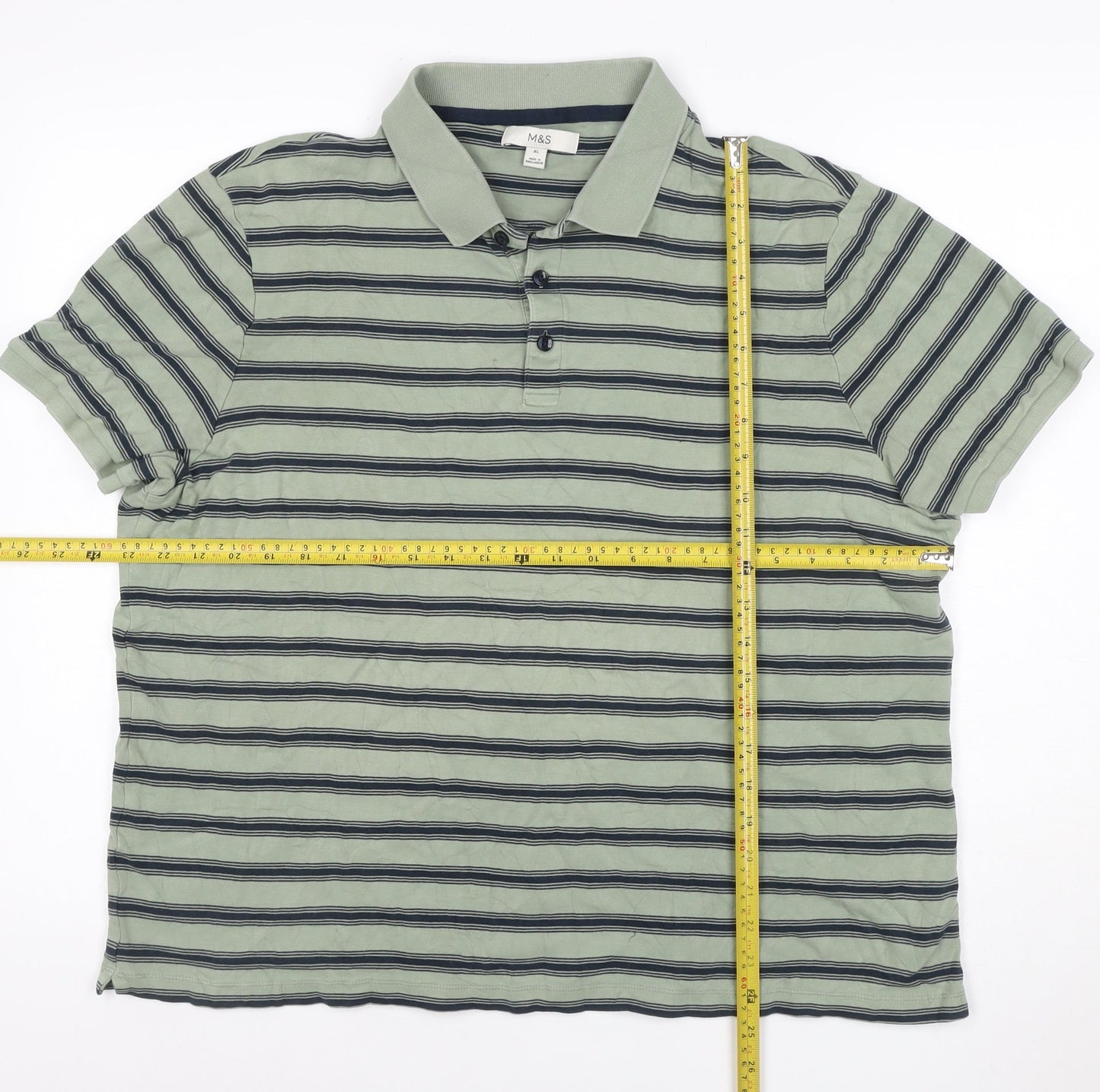 Marks & Spencer Mens Green Navy Striped Cotton Polo Shirt XL
