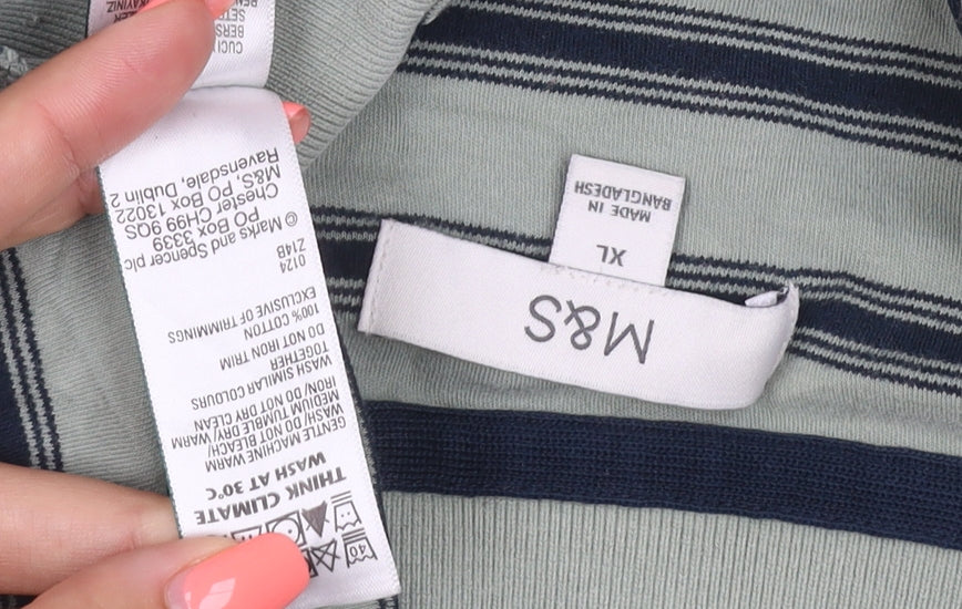 Marks & Spencer Mens Green Navy Striped Cotton Polo Shirt XL