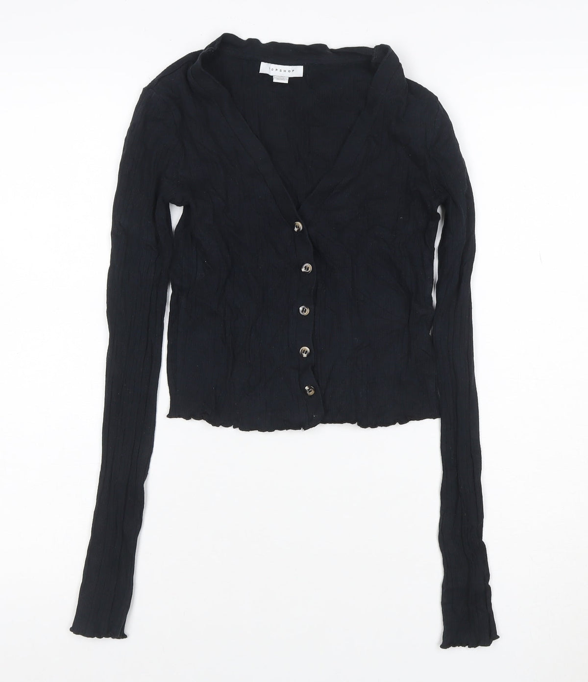 Topshop Women Black UK 8 Cropped Rib Knit V-Neck Button-Up Long Sleeve Top
