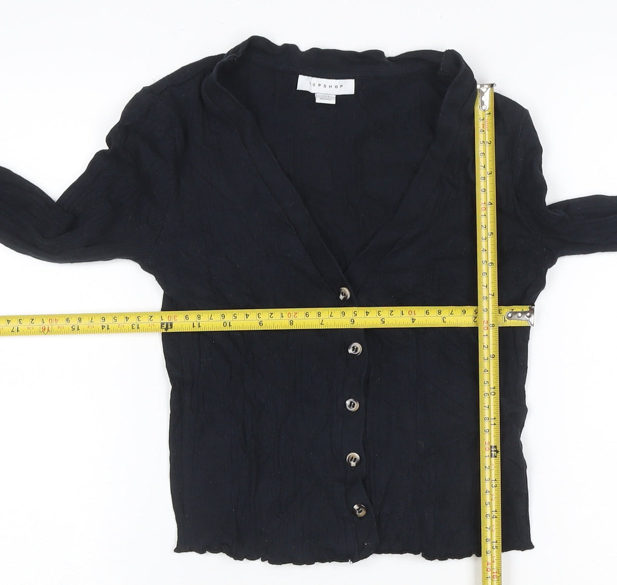 Topshop Women Black UK 8 Cropped Rib Knit V-Neck Button-Up Long Sleeve Top