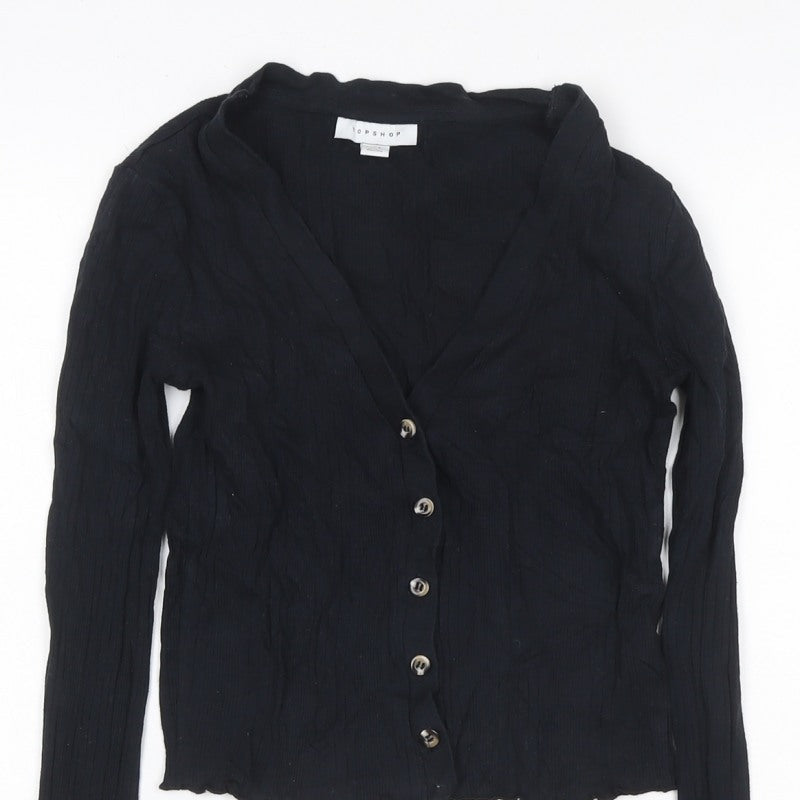 Topshop Women Black UK 8 Cropped Rib Knit V-Neck Button-Up Long Sleeve Top
