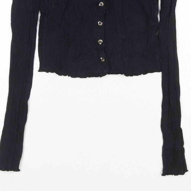 Topshop Women Black UK 8 Cropped Rib Knit V-Neck Button-Up Long Sleeve Top