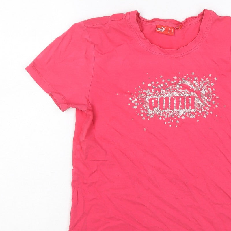 Puma Women’s Pink UK 14 Crew Neck Glitter Logo Short Sleeve T-Shirt