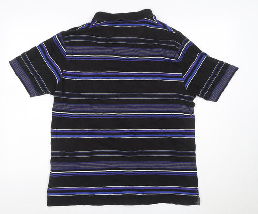 M&S Blue Harbour Men’s Black Blue Striped Cotton Polo Shirt M
