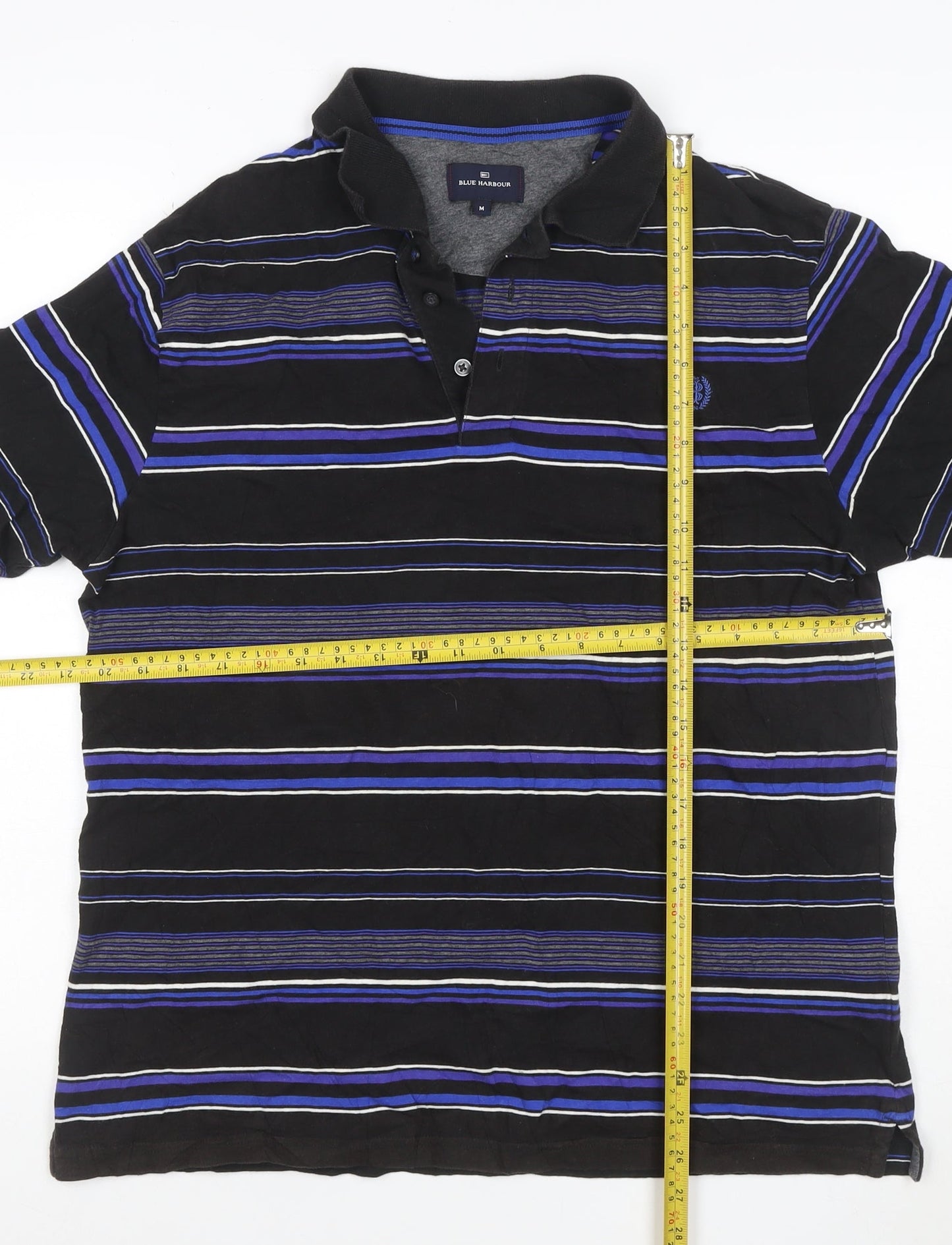 M&S Blue Harbour Men’s Black Blue Striped Cotton Polo Shirt M