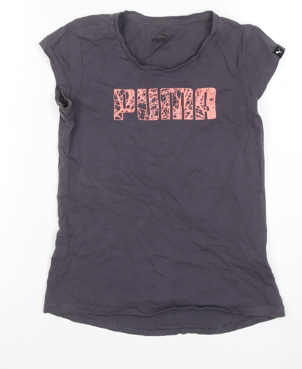 Front view of Puma girls’ grey pink logo graphic t-shirt, size 8, years short sleeve
