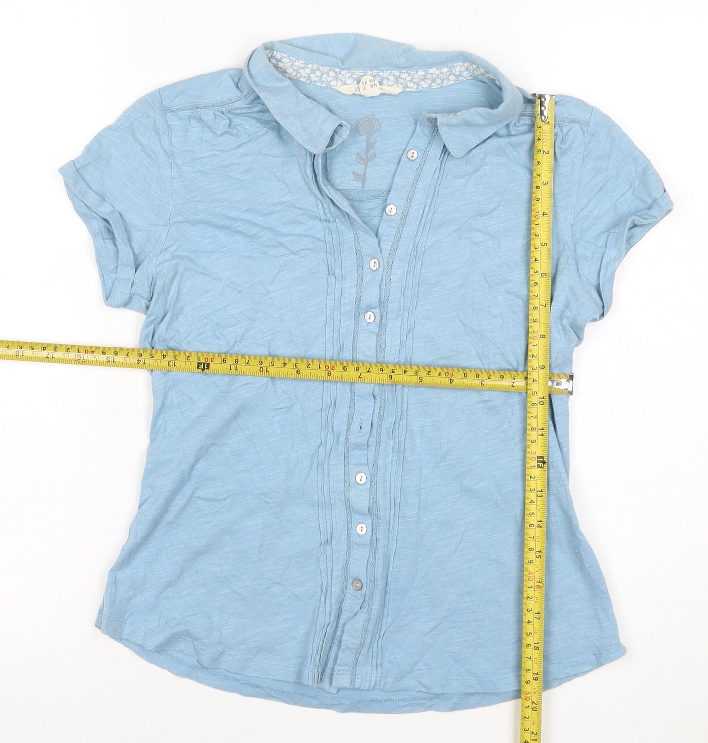 White Stuff Women Blue UK 8 Cotton Collared Pleated Button-Up Shirt