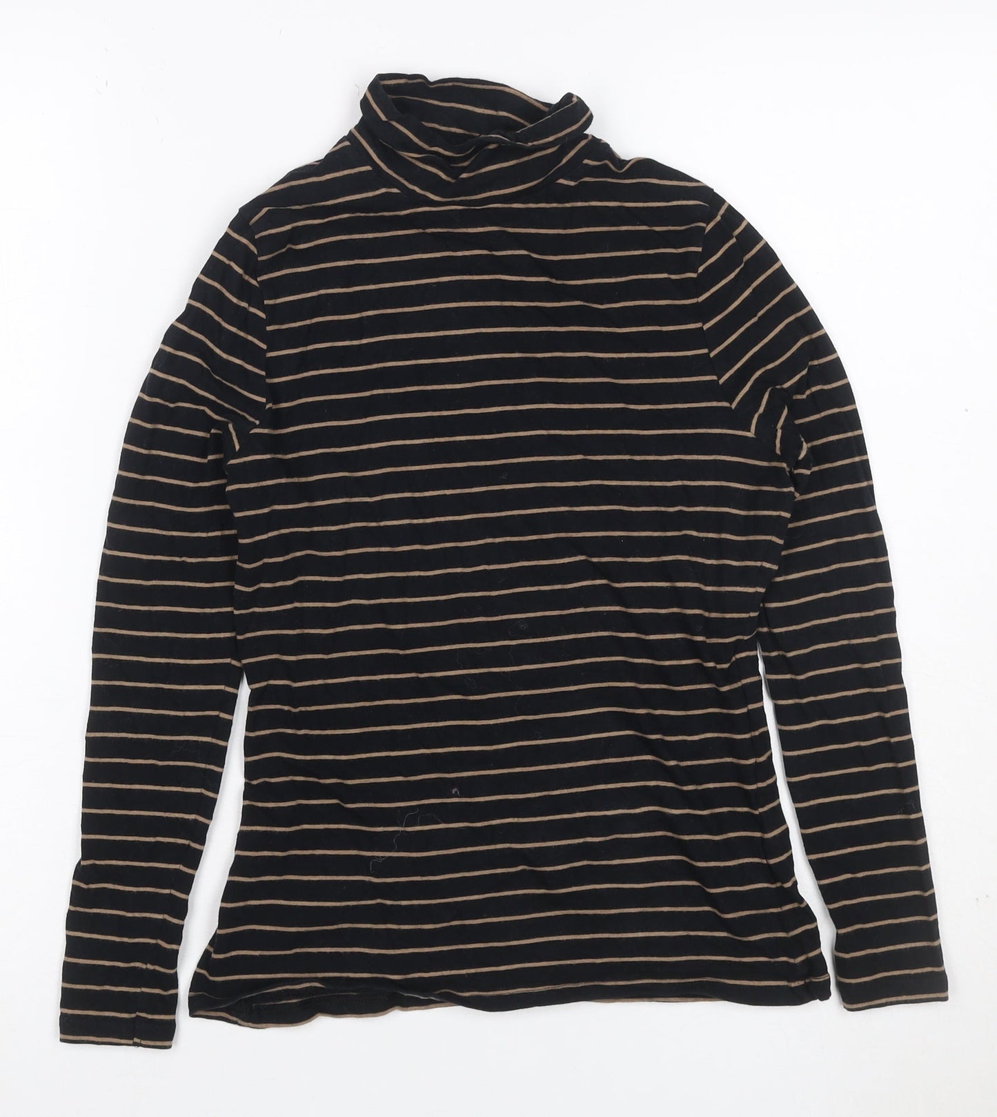 M&S Women Black Beige Striped Roll Neck Long Sleeve Top UK 8